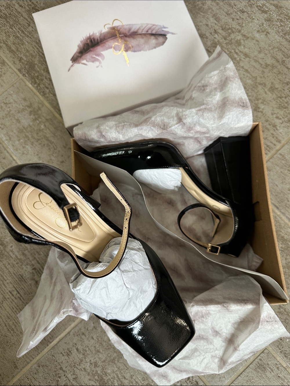 Jessica Simpson Black Patent Square-Toe Ankle-Strap Heels